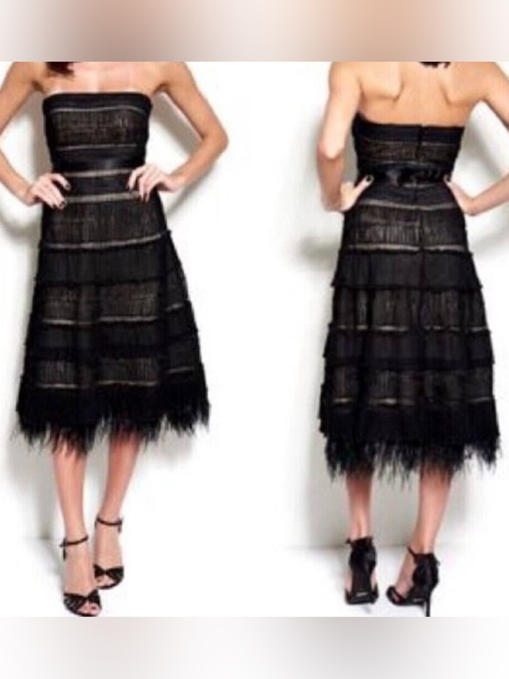 BCBGMaxAzria Strapless Black Tiered Ostrich Feather-Hem Dress
